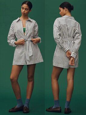 Maeve for Anthropologie - Bennet Buttondown Romper | Blue & White Stripe | Small